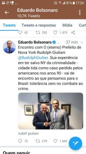 Imagem da notícia - Bolsonaro consulta Giulliani sobre plano de segurança, a exemplo do Governo do Amazonas