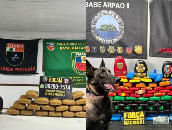 Bases fluviais apreendem 218 quilos de drogas em embarcações no Rio Solimões, durante fin…